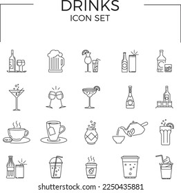 Drinks icon set of Alcohol and Drinks Related Vector Line Icons. Contains such Icons as Champagne, Whiskey, Cocktail, Shots, Coffee, Tea and more.