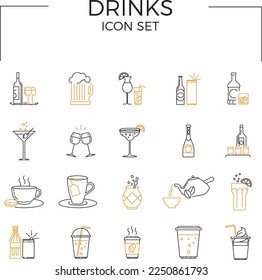 Drinks icon set of Alcohol and Drinks Related Vector Line Icons. Contains such Icons as Champagne, Whiskey, Cocktail, Shots, Coffee, Tea and more. Two-colored.