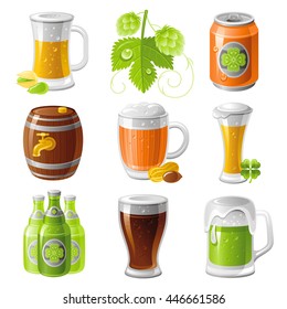 Drinks icon set with beer symbols for Oktoberfest or Patrick day: light beer glass, pistachio, hop crop, can, cask, mug with peanut, glass with clover, bottles, black porter, green beer ale.

