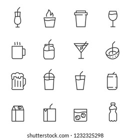 Drinks, Icon Set. Cocktail, Shot, Coffee, Juice, Beer, Soda And Others, Linear Icons. Line With Editable Stroke