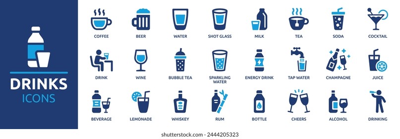 Drinks icon set. Containing water, coffee, tea, drinking, glass, soda, cocktail, bottle, wine, beverage and more. Solid vector icons collection.