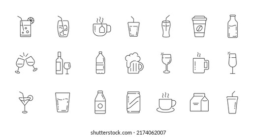 Drinks icon set. Cups, glasses, bottles sign. Vector illustration in outline style.