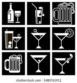 Drinks icon -set.
Food and items for eating, black and white drawing.