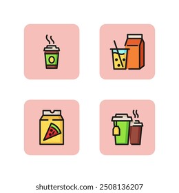 Conjunto de iconos de bebidas. Jugo, paquete con jugo, tazas para llevar con café caliente y té. Concepto de bebidas y bebidas para llevar. La Ilustración vectorial se puede utilizar para temas como comida, menú