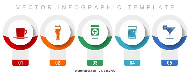 Drinks icon set, miscellaneous vector icons such as cup, glass and drink, modern design infographic template, web buttons in 5 color options