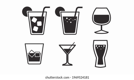 Drinks Icon Set. Vector isolated back and white set of different drinks