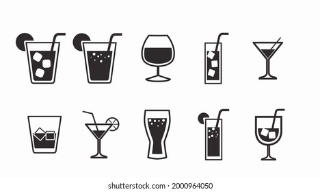 Drinks Icon Set. Vector isolated back and white set of different drinks