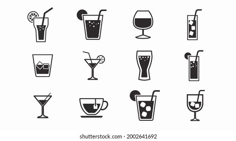 Juego de iconos para bebidas. Vector aislado de atrás y conjunto blanco de diferentes bebidas