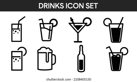 Drinks Icon Set. Vector isolated back and white set of different drinks