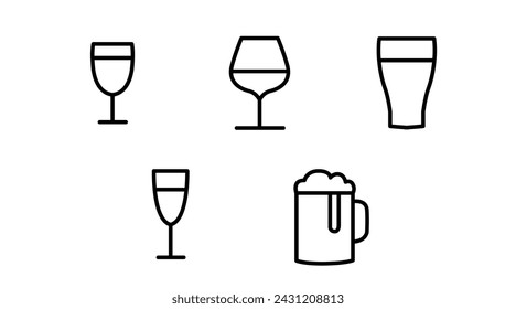 Drinks Icon Set. Vector isolated back and white set of different drinks