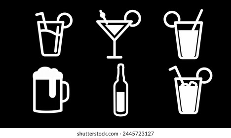 Drinks Icon Set. Vector isolated back and white set of different drinks