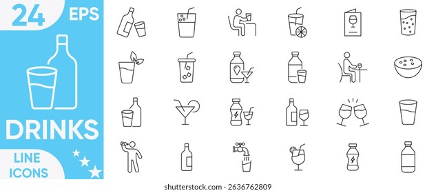 Drinks icon set.coffee, tea, drinking, glass, soda, cocktail, cold soda, Drink alcohol, bar bottles, shot glasses, bottle, wine, beverage and more.Vector and illustrator set.