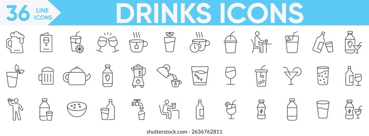 Drinks icon set.coffee, tea, drinking, glass, soda, cocktail, cold soda, Drink alcohol, bar bottles, shot glasses, bottle, wine, beverage and more.Vector and illustrator set.