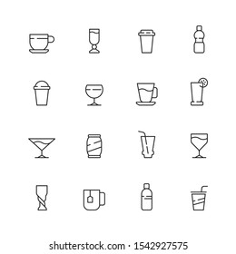 Drinks icon. Tea coffee water cold and hot drinks in cups and glasses vector symbols