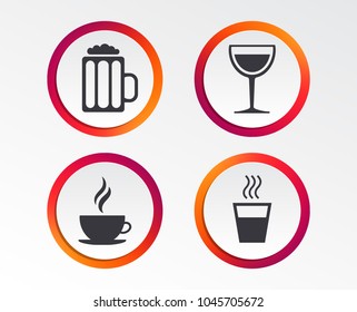Drinks icons. Coffee cup and glass of beer symbols. Wine glass sign. Infographic design buttons. Circle templates. Vector