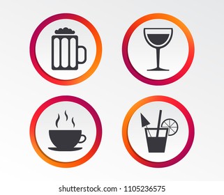 Drinks icons. Coffee cup and glass of beer symbols. Wine glass and cocktail signs. Infographic design buttons. Circle templates. Vector