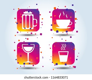 Drinks icons. Coffee cup and glass of beer symbols. Wine glass sign. Colour gradient square buttons. Flat design concept. Vector