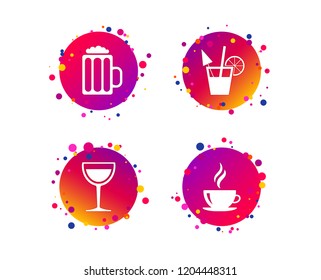 Drinks icons. Coffee cup and glass of beer symbols. Wine glass and cocktail signs. Gradient circle buttons with icons. Random dots design. Drinks vector