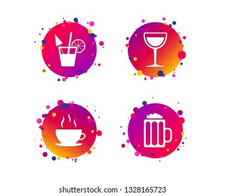 Drinks icons. Coffee cup and glass of beer symbols. Wine glass and cocktail signs. Gradient circle buttons with icons. Random dots design. Vector