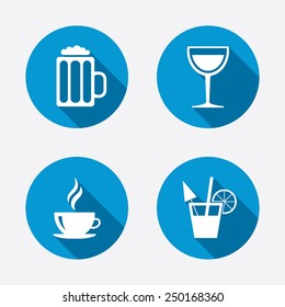 Drinks icons. Coffee cup and glass of beer symbols. Wine glass and cocktail signs. Circle concept web buttons. Vector