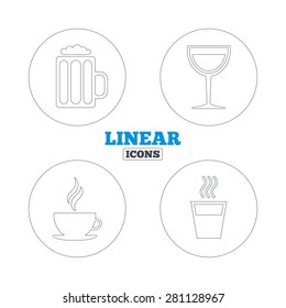 Drinks icons. Coffee cup and glass of beer symbols. Wine glass sign. Linear outline web icons. Vector