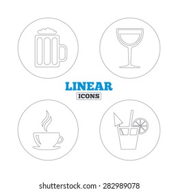 Drinks icons. Coffee cup and glass of beer symbols. Wine glass and cocktail signs. Linear outline web icons. Vector
