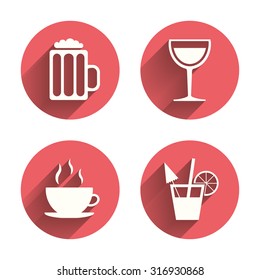 Drinks icons. Coffee cup and glass of beer symbols. Wine glass and cocktail signs. Pink circles flat buttons with shadow. Vector