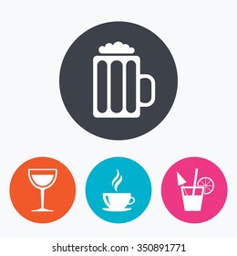 Drinks icons. Coffee cup and glass of beer symbols. Wine glass and cocktail signs. Circle flat buttons with icon.