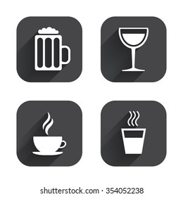 Drinks icons. Coffee cup and glass of beer symbols. Wine glass sign. Square flat buttons with long shadow.