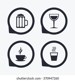 Drinks icons. Coffee cup and glass of beer symbols. Wine glass sign. Flat icon pointers.