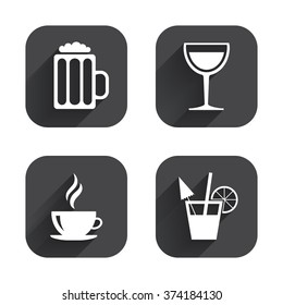 Drinks icons. Coffee cup and glass of beer symbols. Wine glass and cocktail signs. Square flat buttons with long shadow.