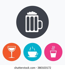 Drinks icons. Coffee cup and glass of beer symbols. Wine glass sign. Circle flat buttons with icon.