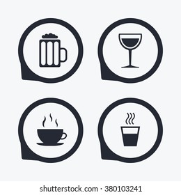Drinks icons. Coffee cup and glass of beer symbols. Wine glass sign. Flat icon pointers.