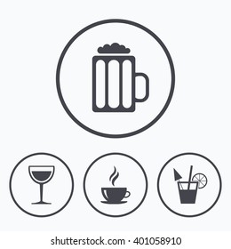 Drinks icons. Coffee cup and glass of beer symbols. Wine glass and cocktail signs. Icons in circles.