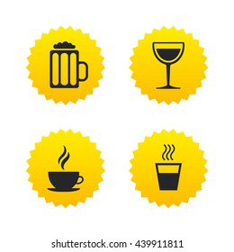 Drinks icons. Coffee cup and glass of beer symbols. Wine glass sign. Yellow stars labels with flat icons. Vector
