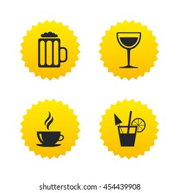 Drinks icons. Coffee cup and glass of beer symbols. Wine glass and cocktail signs. Yellow stars labels with flat icons. Vector