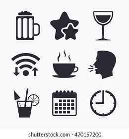 Drinks icons. Coffee cup and glass of beer symbols. Wine glass and cocktail signs. Wifi internet, favorite stars, calendar and clock. Talking head. Vector