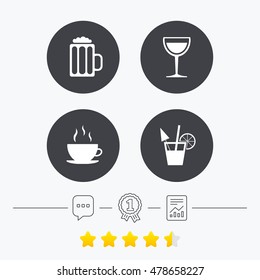Drinks icons. Coffee cup and glass of beer symbols. Wine glass and cocktail signs. Chat, award medal and report linear icons. Star vote ranking. Vector