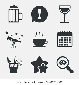 Drinks icons. Coffee cup and glass of beer symbols. Wine glass and cocktail signs. Attention, investigate and stars icons. Telescope and calendar signs. Vector