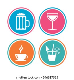 Drinks icons. Coffee cup and glass of beer symbols. Wine glass and cocktail signs. Colored circle buttons. Vector