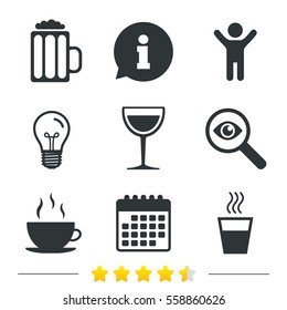 Drinks icons. Coffee cup and glass of beer symbols. Wine glass sign. Information, light bulb and calendar icons. Investigate magnifier. Vector