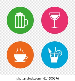 Drinks icons. Coffee cup and glass of beer symbols. Wine glass and cocktail signs. Round buttons on transparent background. Vector