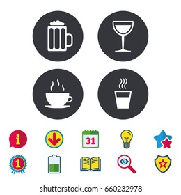 Drinks icons. Coffee cup and glass of beer symbols. Wine glass sign. Calendar, Information and Download signs. Stars, Award and Book icons. Light bulb, Shield and Search. Vector