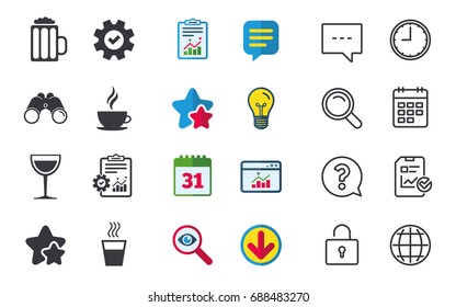 Drinks icons. Coffee cup and glass of beer symbols. Wine glass sign. Chat, Report and Calendar signs. Stars, Statistics and Download icons. Question, Clock and Globe. Vector