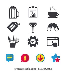 Drinks icons. Coffee cup and glass of beer symbols. Wine glass and cocktail signs. Browser window, Report and Service signs. Binoculars, Information and Download icons. Stars and Chat. Vector