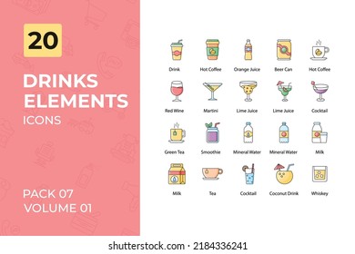 Drinks Icons Collection. Set contains such Icons as Herbal, Pina Colada, Champagne, Red Wine, and more.
