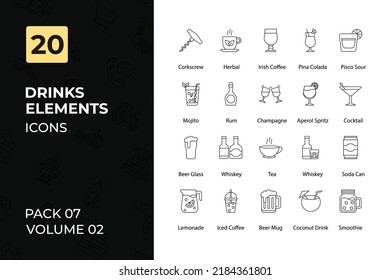 Drinks Icons Collection. Set contains such Icons as Herbal, Pina Colada, Champagne, Red Wine, and more.