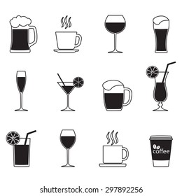 Drinks icons set. Alcoholic and non-alcoholic beverage isolated on white background. Vector illustration.