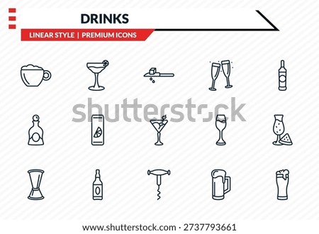 drinks icons set - cappuccino, cosmopolitan, liquor, sorkscrew, pint of beer outline vector collection.