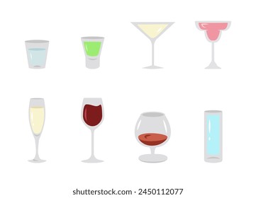 Drinks icons set. Cocktails glass. Flat alcoholic beverages. Set glass, whiskey, wine, gin, rum, tequila, cognac, champagne, cocktail, grog.